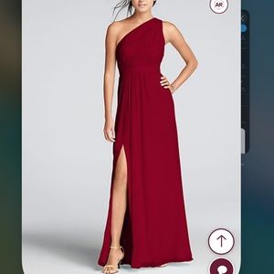 David’s Bridal Long One-Shoulder Crinkle Chiffon Dress, Apple Red, Size 16